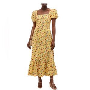 HVN FROMER FRUIT-PRINT COTTON-BLEND LONG DRESS IN YELLOW PRINT 6